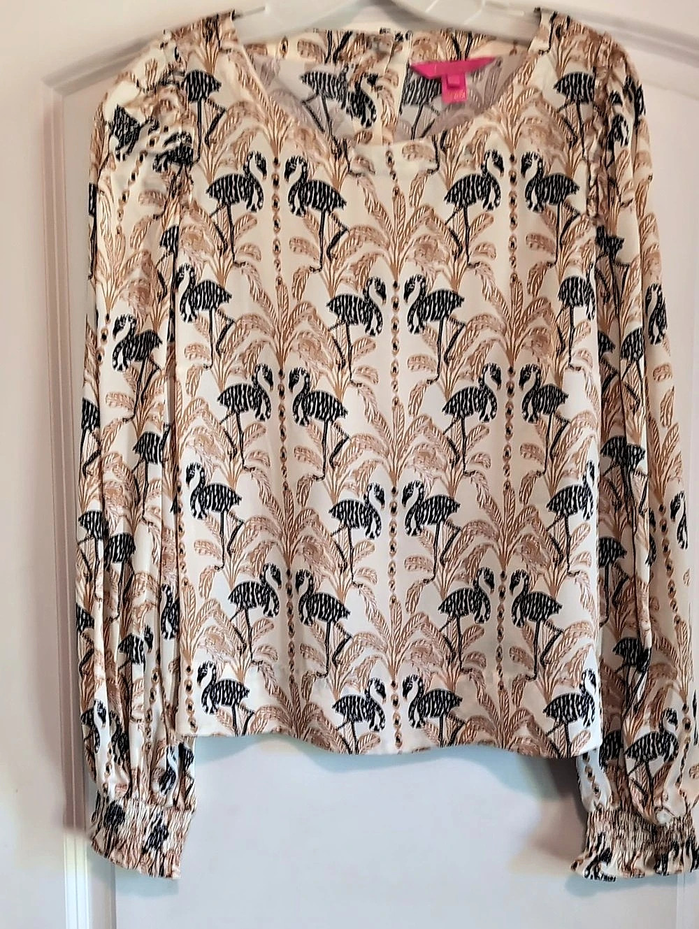 Lily Pulitzer Flamingo Print Long Sleeve Blouse in Cream & Black XL Like N